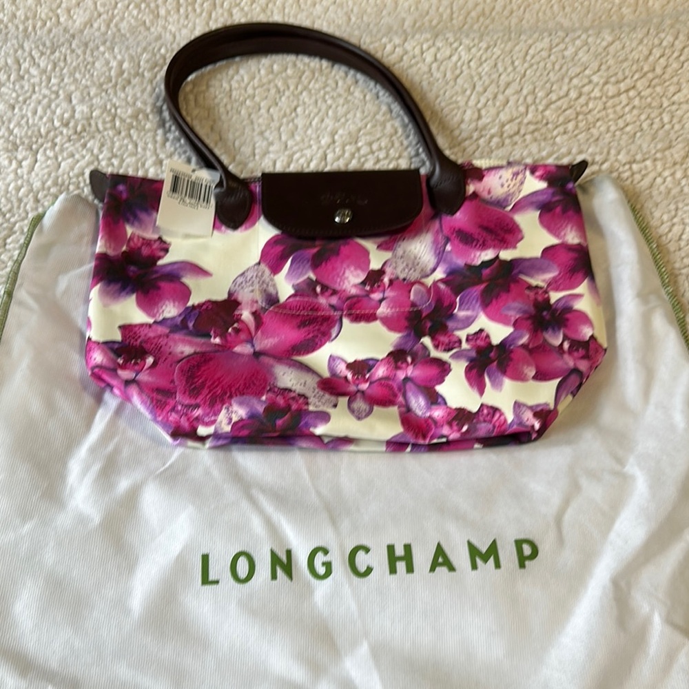 Longchamp Pink and White Tote Bag with Artistic Floral Design
